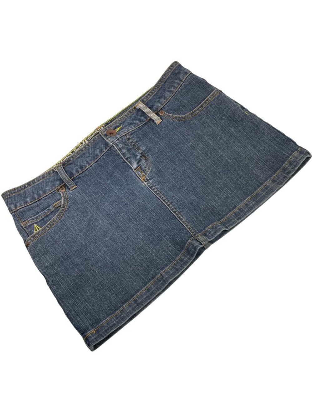 Vintage Y2K Volcom Denim Mini Jean Skirt sz 9 Blue Stretch Grunge Indie Sleaze
